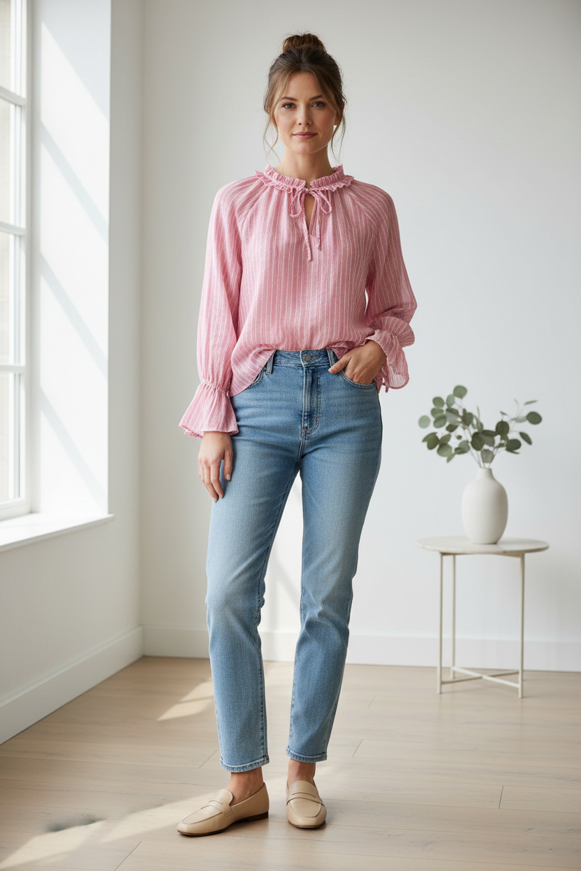 Stribet Voile Bluse med Flæsekrave – Fås i 5 Farver Bluser Nota Bene