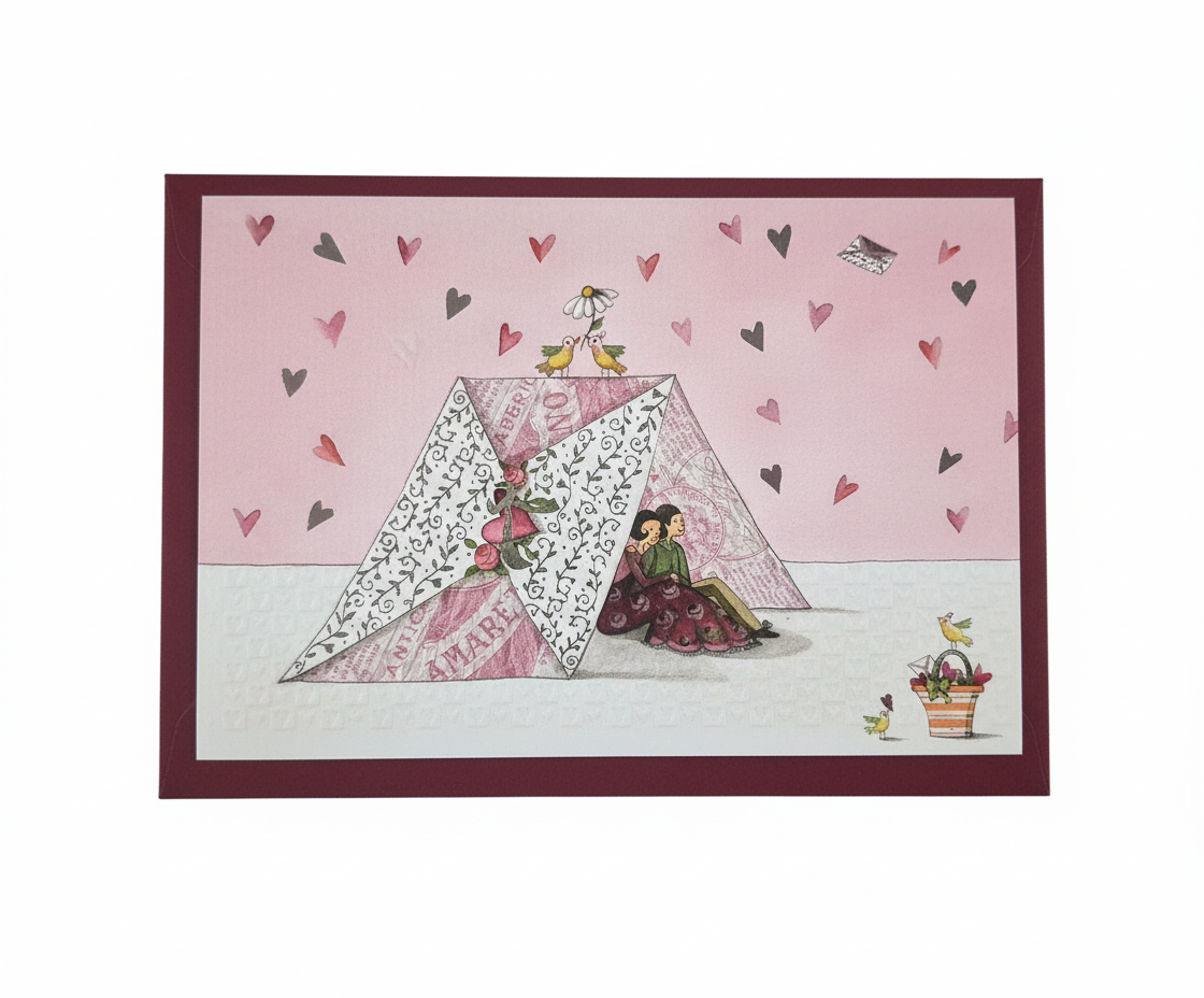 Kort 18,5x13cm med farvet kuvert kort Edition Gollong Par i telt med hjerter og fugle