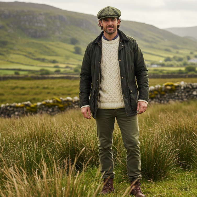 Yngre irsk mand med grøn Celtic Ore Tweed kasket i naturen